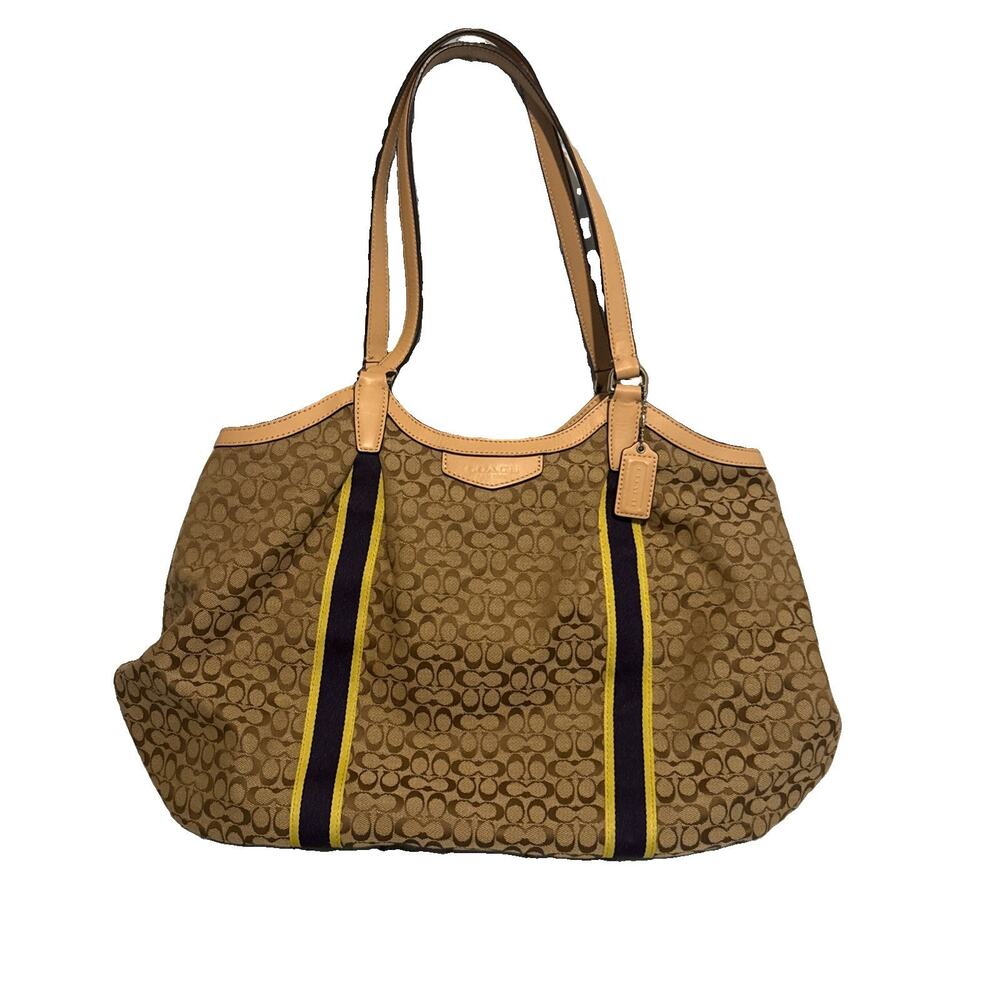 CCOACH Signature F26131 Women Beige Devin Blue Stripes Two Handles Tote Purse